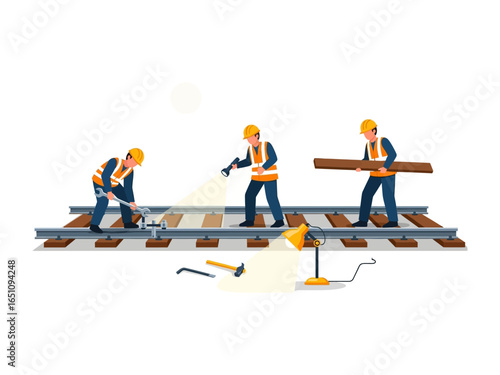 Railway Construction Crew at Work: A trio of railway construction workers diligently working on tracks with tools. A testament to hard work. 