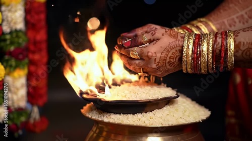 Wallpaper Mural Traditional Indian Wedding Ritual: Hands adorned with bangles and mehndi offering rice into sacred fire during a ceremony. Torontodigital.ca