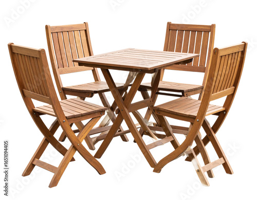 Angled Side View of Outdoor Wooden Furniture Set with Bench, Isolated
