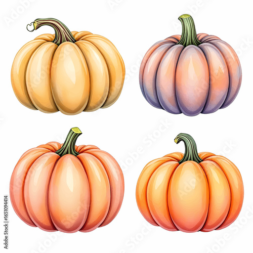 A watercolor illustration of pastel-colored pumpkins, isolated on white background