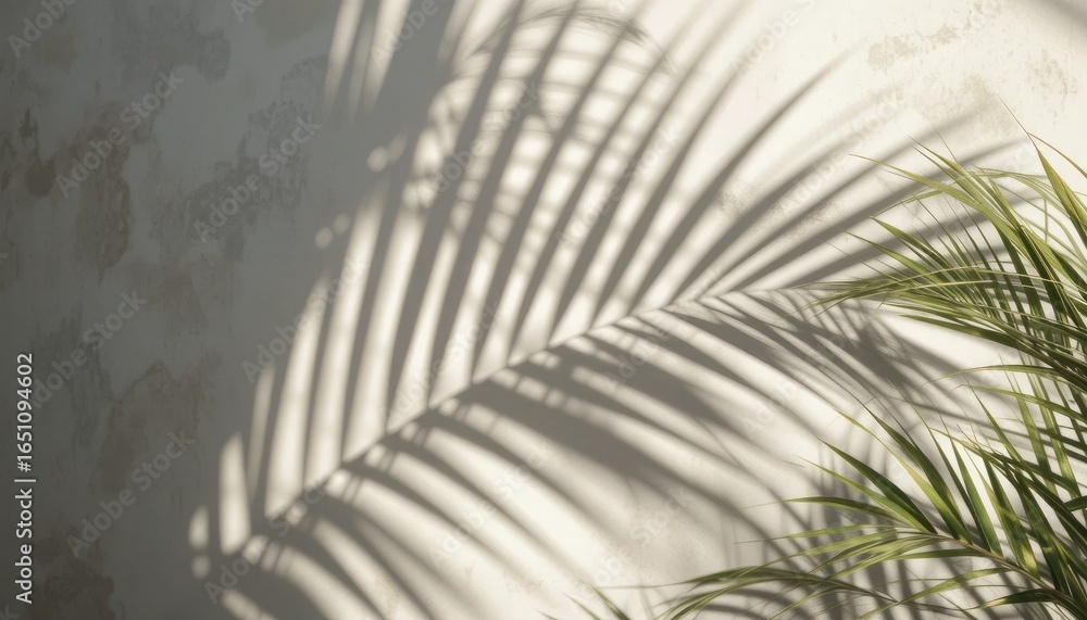 Fototapeta premium Sunlight casts dramatic palm leaf shadows on a textured neutral wall, creating a serene, natural backdrop perfect for modern design and wellness themes.
