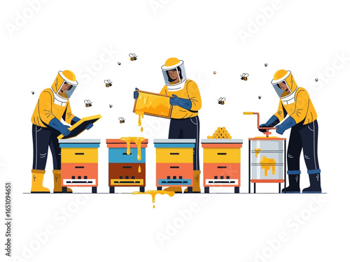 Bee Farmers at Work: An illustrative image of a trio of bee farmers in protective gear meticulously tending to their hives and extracting honey, showcasing the art of apiculture.