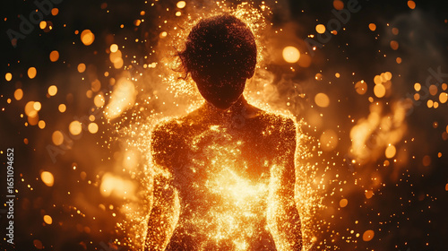 Silhouette of a person enveloped in glowing sparks and warm colors at dusk, creating an abstract and energetic atmosphere
