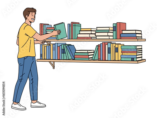 Curating Literature's Abundance: A graphic depiction captures a person meticulously arranging books on a shelf, creating a visual of knowledge, learning, and studiousness.