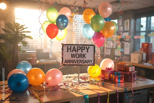 Colorful balloons and gifts decorate office desk for happy work anniversary celebration office party