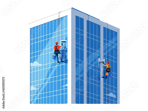 Building Maintenance: Dynamic image of skilled window cleaners suspended on ropes, efficiently cleaning high-rise windows against a vibrant backdrop, symbolizing precision, upkeep, and urban life.