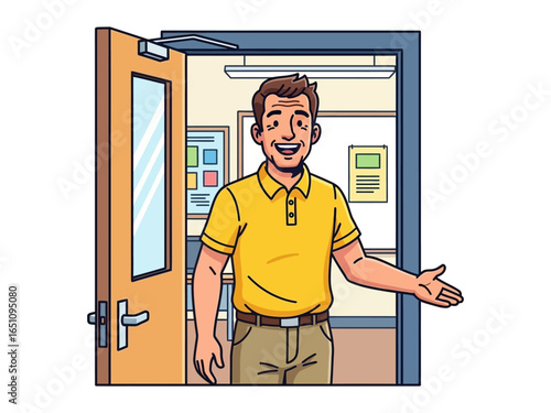 Welcoming Educator: A friendly educator warmly welcomes into an inviting space, with the door wide open to opportunity and learning.