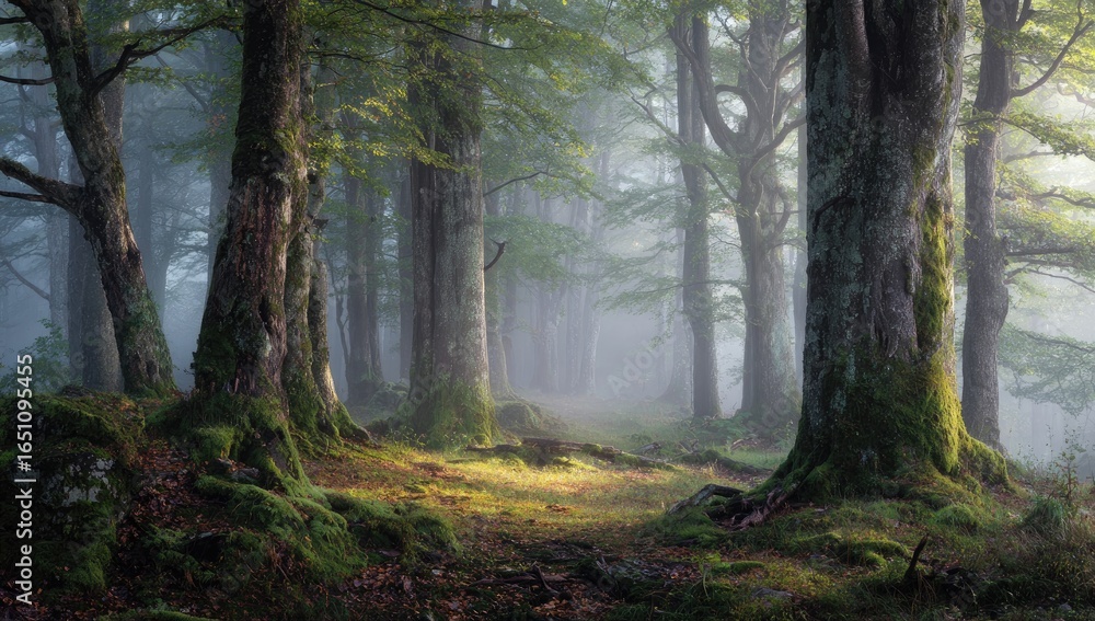 Obraz premium Misty forest path bathed in sunlight