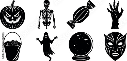 Halloween Vector Icons Set Pumpkin Skeleton Candy Hand Bucket Ghost Ball Mask