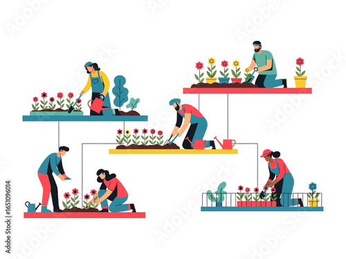 Gardeners and Flowers: A group of gardeners tending to vibrant flowers in a stylized, illustration-style setting. Each person, in their own little space, working with blooming flowers.