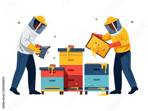 Beekeeping Harmony: Two skilled beekeepers work together to tend their hives in a harmonious scene, surrounded by the bustling activity of bees.