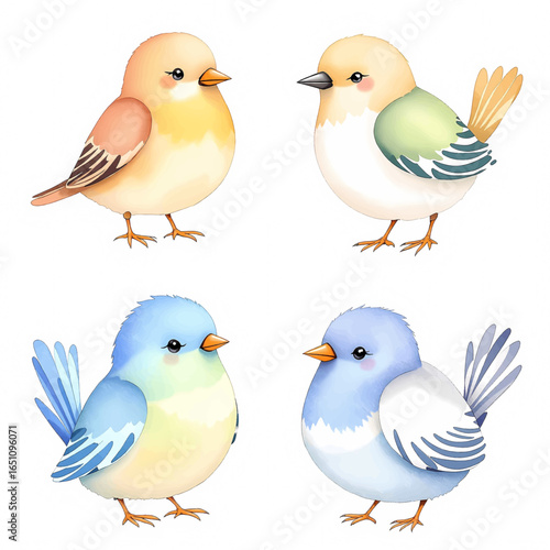 Bird Set Watercolor Illustration. Realistic close-up images of red cardinal, eastern bluebird, goldfinch, robin, and wren. Beautiful avian collection for garden and forest themes on a white background