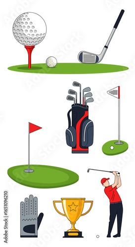 Golf sports equipment championship trophy and player action