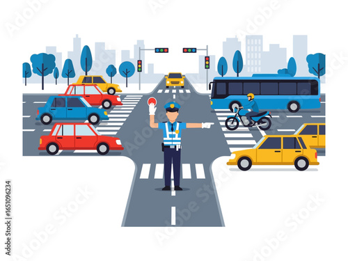Traffic Control: A traffic controller directing traffic in a city street, illustrating urban transportation and orderliness.