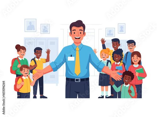 Welcoming Embrace: A teacher extends a warm welcome to his students, creating an atmosphere of care and encouragement for the start of the school day. 