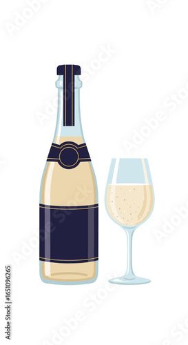Sparkling wine bottle and glass with bubbly golden liquid celebration toast