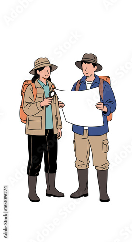 Two hikers studying a map planning their outdoor adventure expedition