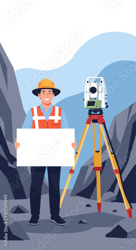 Surveyor holding blank sign near surveying equipment and rocky terrain