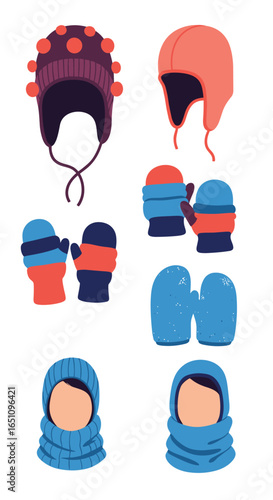 Cozy winter accessories including hats mittens and earflap hats