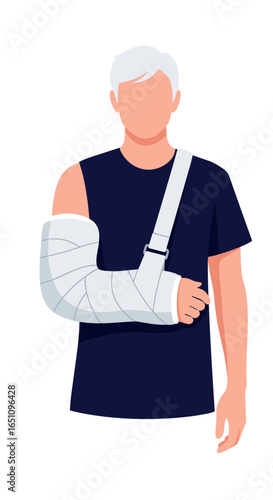 Man with arm in a cast and sling due to injury or surgery recovery