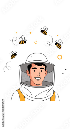 Beekeeper in protective suit smiling surrounded by flying bees and abstract shapes