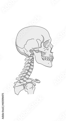 Detailed illustration of the human skull cervical vertebrae and shoulder anatomy