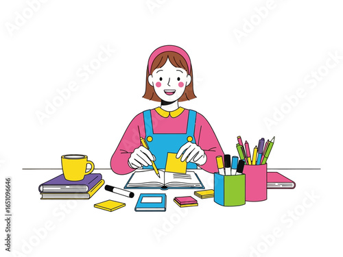 Girl Focused in Study: An illustration of a young girl absorbed in her studies, surrounded by books, pens, and a warm cup of coffee. Focus and determination radiate from her serene expression.