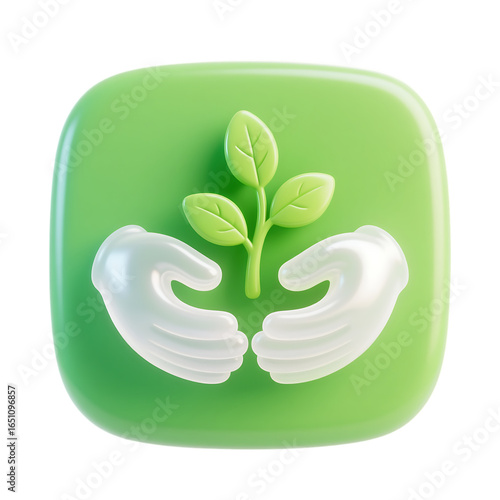 3D Render:  Protective Hands Gently Cradle a Growing Sprout on a Green Square Icon, Representing Environmental Care and Sustainability.
