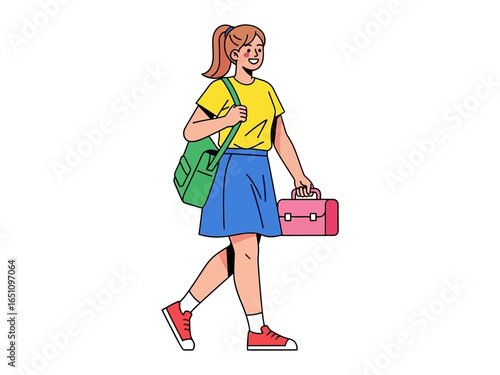 Cheerful student with her bags: A vibrant illustration of a smiling student walking with her bag and a lunch box, a picture of school days and youthful enthusiasm.