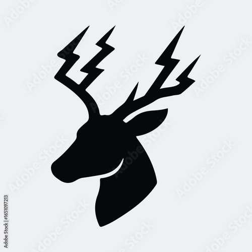 Silhouette deer head with lightning bolt antlers vector illustration