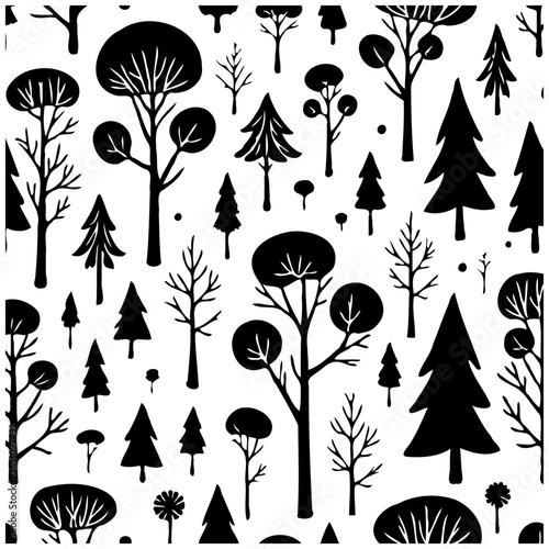 Black and white forest seamless pattern various tree shapes creating whimsical woodland scenery aesthetic for nature backgrounds