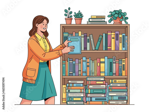 A book lover’s delight: A smiling woman is carefully organizing her treasured literary collection, carefully arranging books.