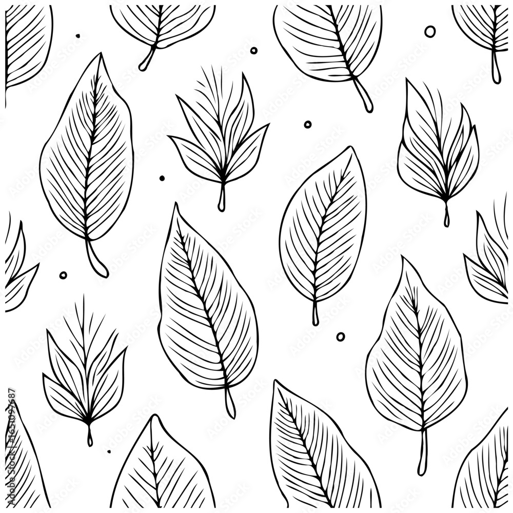 Fototapeta premium Seamless botanical pattern with line art leaves creates a decorative background for various creative projects and designs