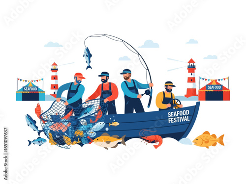 Seafood Festival Illustration: a dynamic graphic captures the bustling essence of a seafood festival, depicting fishermen in a boat, hauling in a bountiful catch. and celebrating seafood festival.