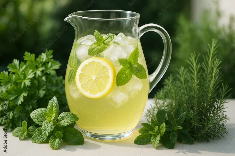 Fototapeta premium Refreshing lemon mint drink in glass pitcher with ice and herbs on table, bright natural light, green background, summer freshness concept. Ai generative