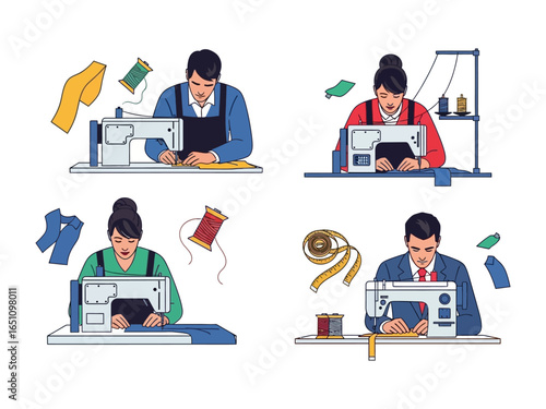 Crafting Cloth: An illustration showcasing the art of cloth creation, featuring seamstresses and tailors diligently operating sewing machines, showcasing skill and precision in a vibrant display.