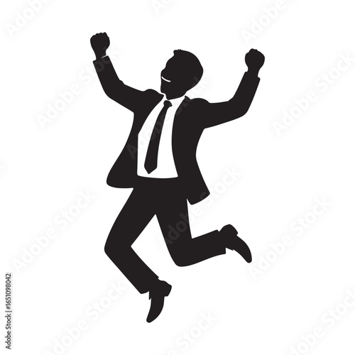 Joyful businessman in a suit jumping with arms raised in celebration silhouette