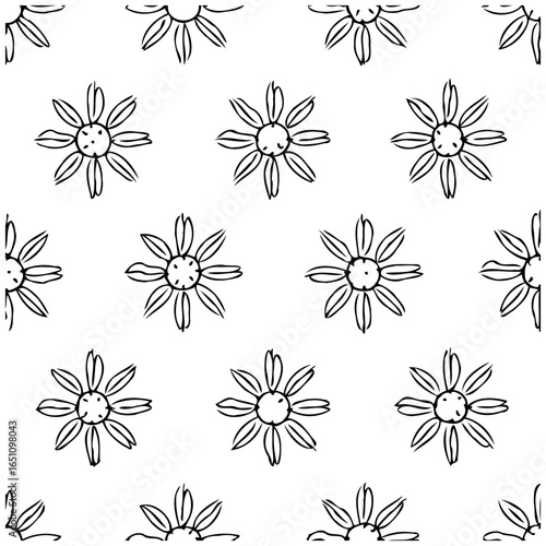 Black and white seamless floral pattern with stylized daisy flowers evokes nature and simplicity for various creative designs