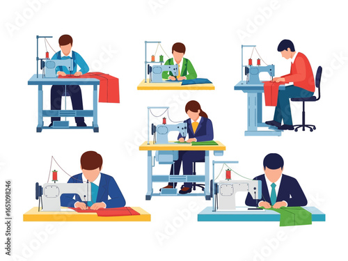 Artisan's workshop: A vibrant illustration of a tailor shop. people at work tailoring clothes with a sewing machine, showcases skill, craftsmanship, and a passion for garment creation. 