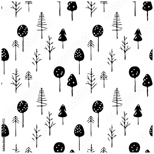 Seamless whimsical woodland forest pattern black and white illustration featuring trees and plants with nature motifs