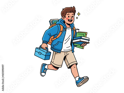 Young Student Ready for Education: A joyful student is eager to start learning, he has his school supplies ready, running towards a bright future full of education opportunities.
