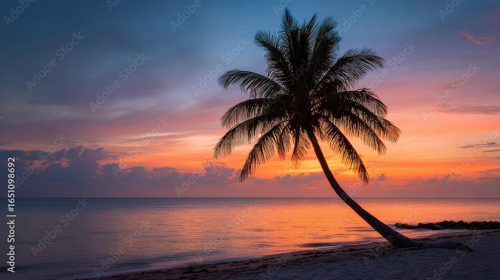 Obraz premium Sunrise Palm Beach Scene. Possible Travel Postcard