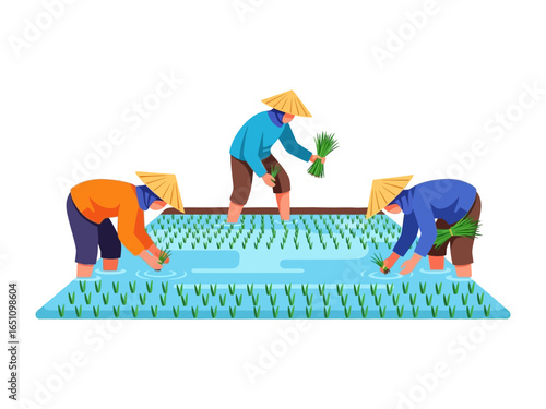 The Harmony of Rice Cultivation: Farmers diligently planting rice seedlings in a vibrant paddy field, showcasing the unity of tradition and the bounty of the harvest.