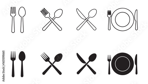 Set of eight hand drawn icons for cutlery and place settings