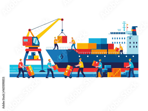 Shipping Harmony: In this illustration, a meticulously crafted scene unfolds, showcasing the intricate dance of global trade. Men and the loading processes on the cargo ship.