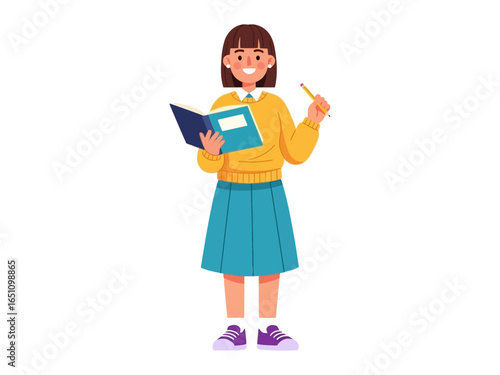 Student and Workbook: An educational vector art depicts a young student in a vibrant sweater and skirt, pen in hand, engrossed in a workbook