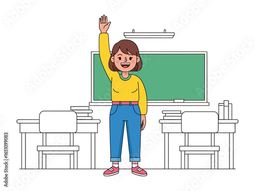 Raising Hand in the Classroom: A student enthusiastically raises her hand in a bright classroom, showcasing eagerness to learn and a sense of engagement in a modern illustration.