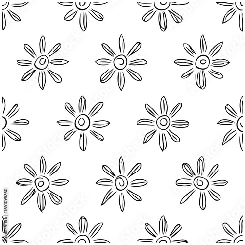 Seamless floral pattern: whimsical flowers on a white background creates a fresh and springlike atmosphere