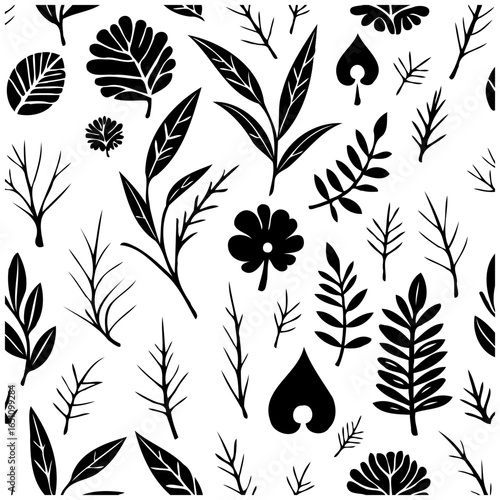 Elegant monochrome botanical pattern with diverse leaf and flower silhouettes creating a visually rich texture