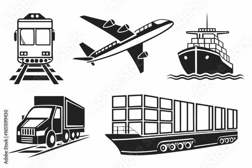 Collection of transportation modes isolated on white background